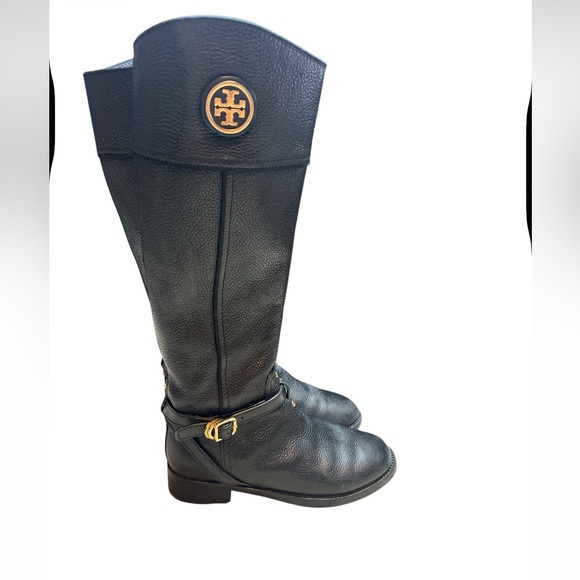 Tory Burch Black Leather Riding Boots Gold Logo Buckle Womens Size 8M - Picture 3 of 12